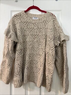 Old Navy Cream Open-Knit Ruffle Shoulder Sweater